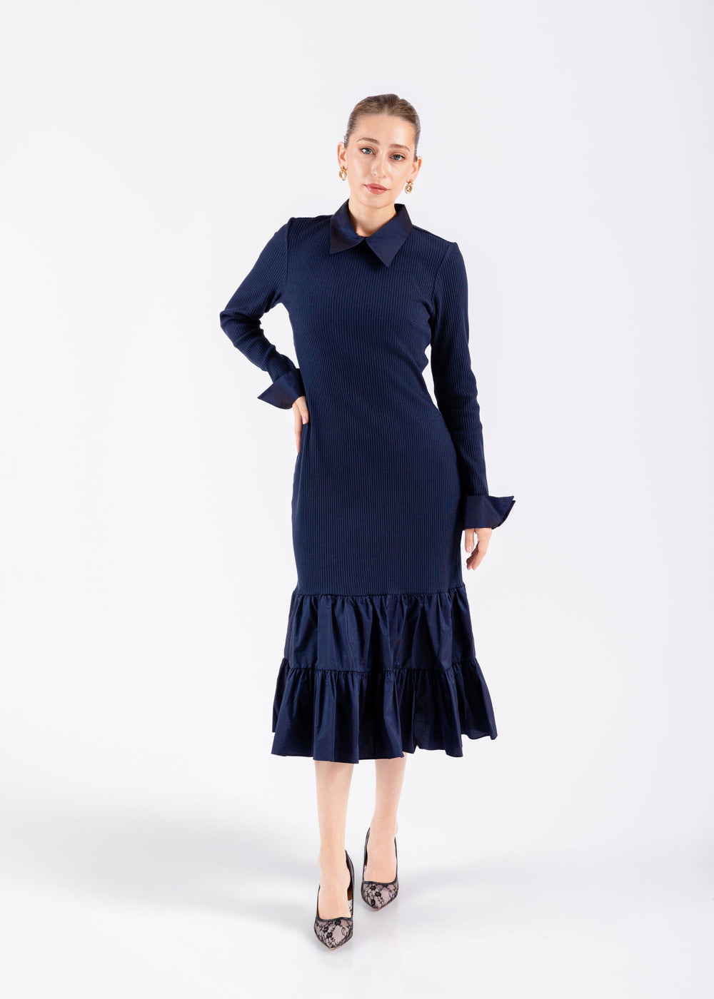 Ribbed Collar Dress Navy