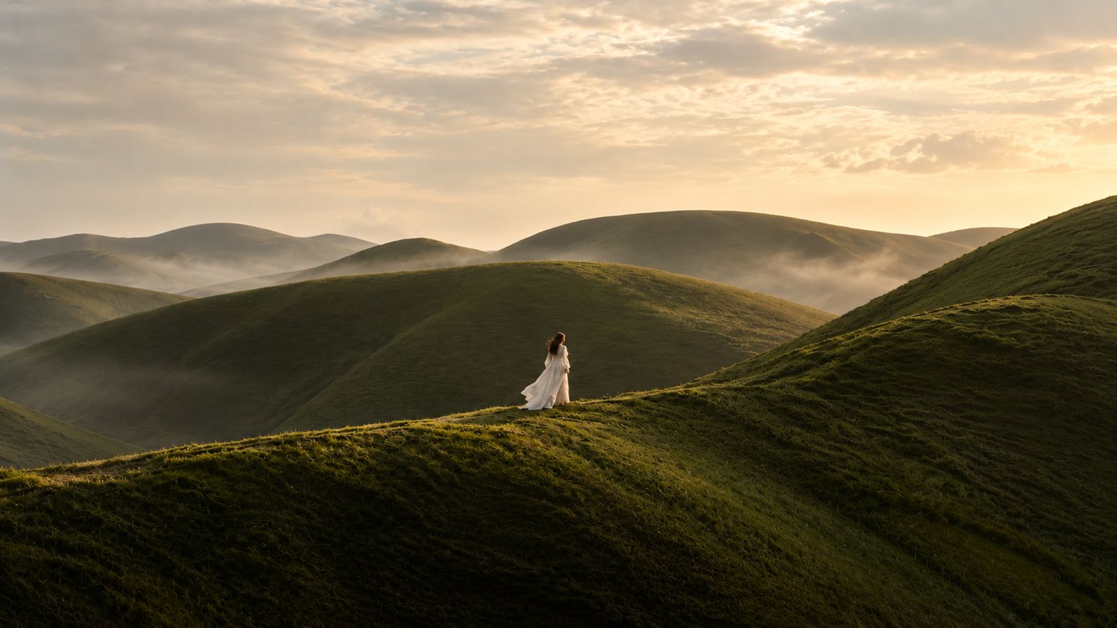 A woman in a white dress among rolling green hills at golden hour