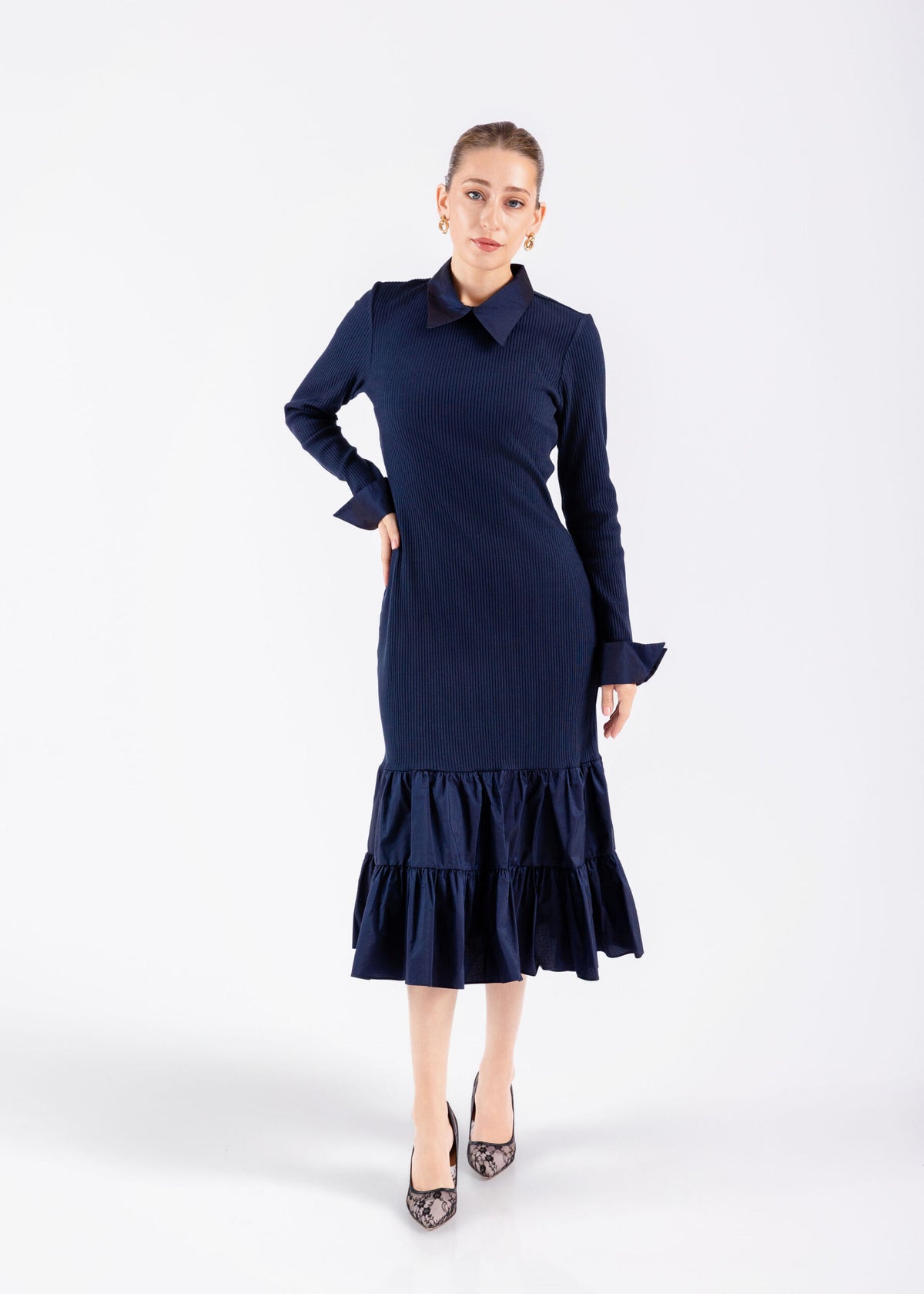 Ribbed Collar Dress Navy