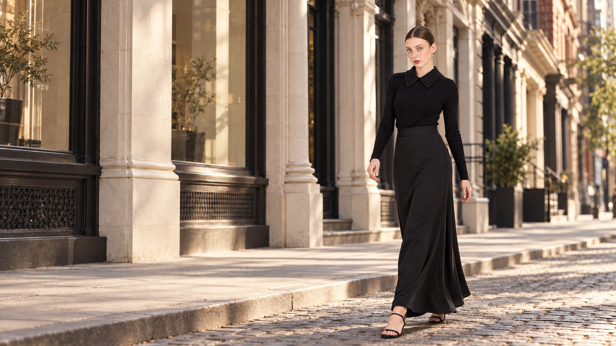 Model wearing Heredis Auguri on a city street